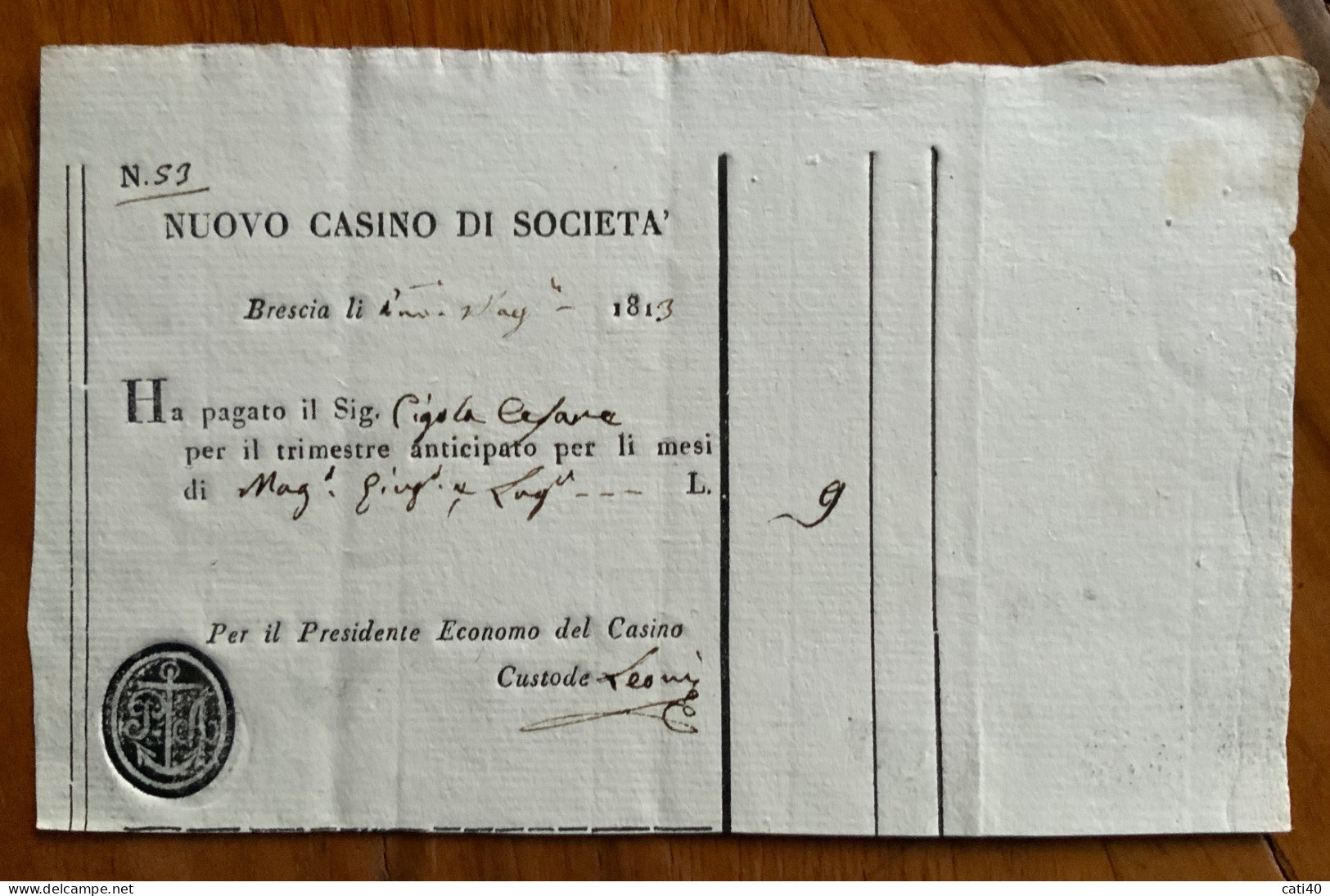 BRESCIA 1813 - NUOVO CASINO DI SOCIETA' - RICEVUTA PAGAMENTO CANONE TRIMESTRALE - RARO TIMBRO - Transports