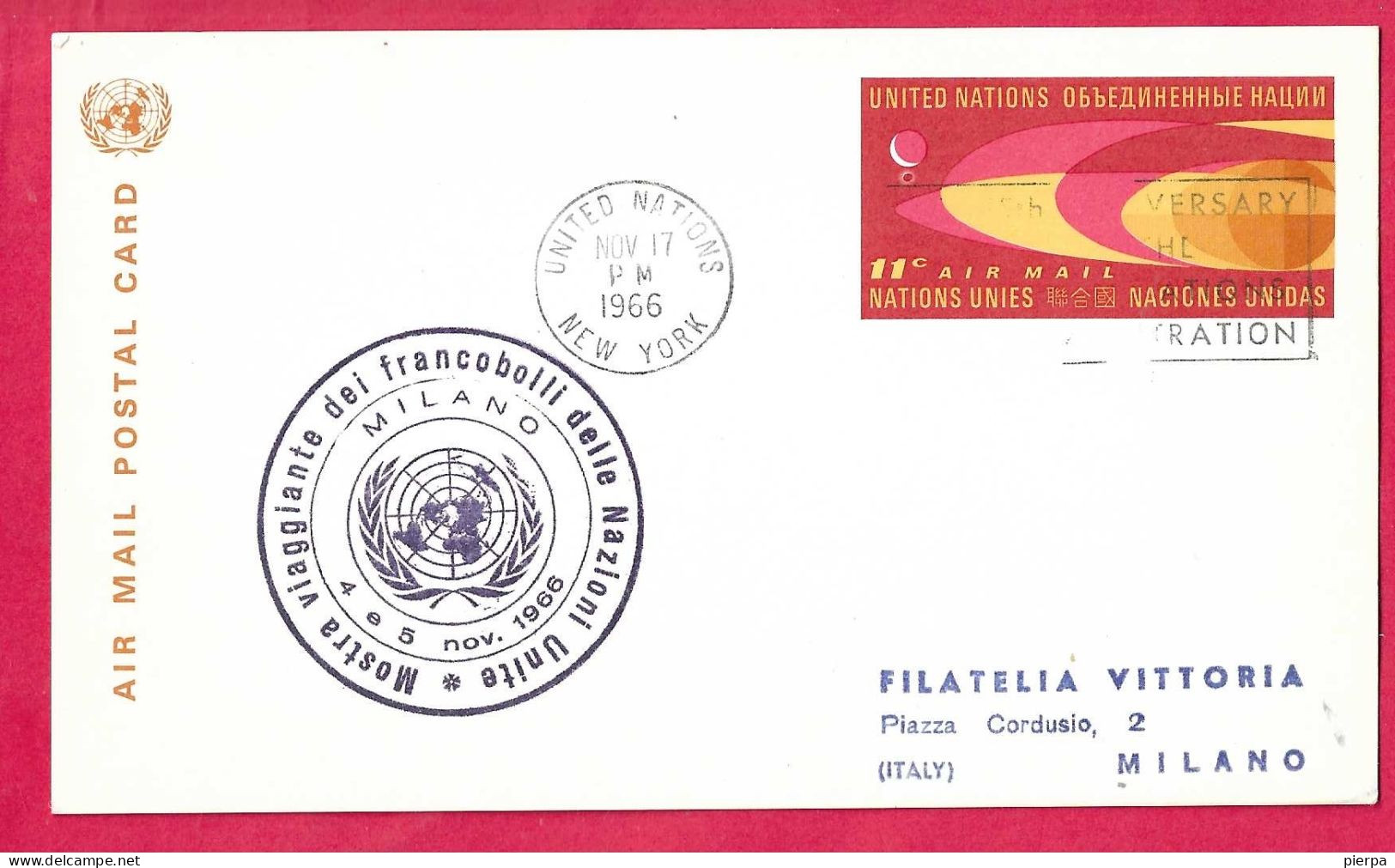 O.N.U. - AIR MAIL POSTAL CARD -MOSTRA VIAGGIANTE DEI FRANCOBOLLI DELLE NAZIONI UNITE- "UNITED NATIONS*NOV 17, 1966* - Airmail