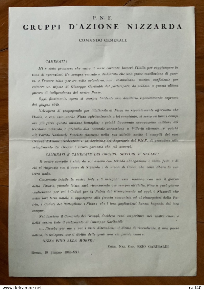 FASCISMO - P.N.F. GRUPPI D'AZIONE NIZZARDA - COMANDO GENERALE - CAMERATI....NIZZA FINO ALLA MORTE ! - EZIO GARIBALDI - Transports