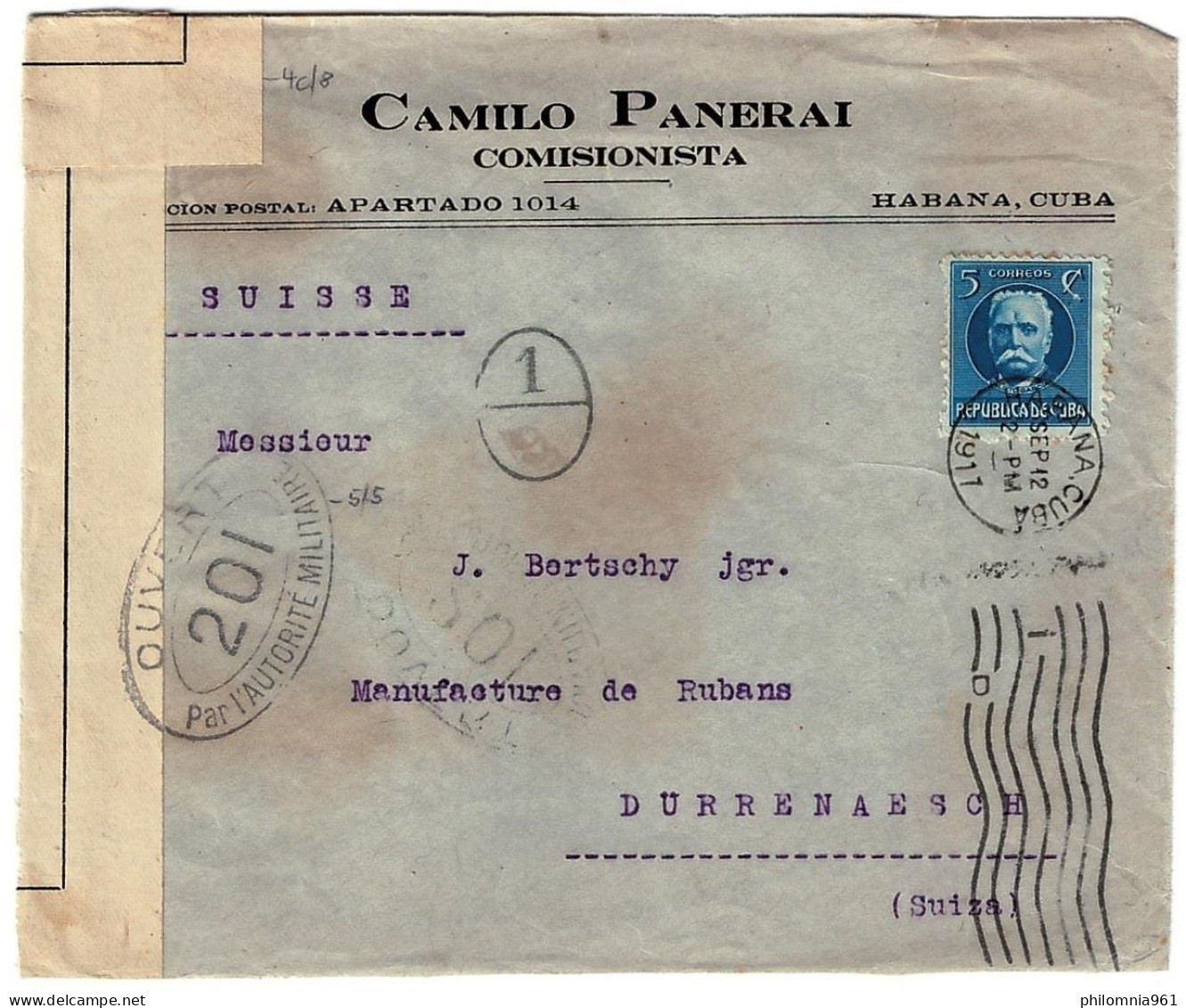 Cuba WWI FRENCH CENSORED COVER To Switzerland 1917 - Briefe U. Dokumente