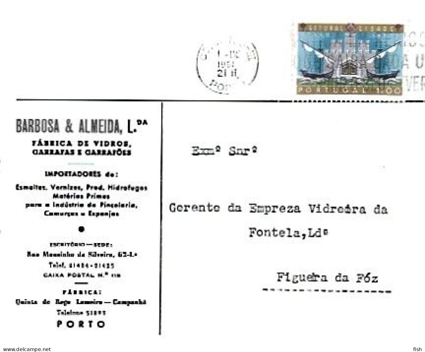 Portugal & Marcofilia, Barbosa E Almeida Lda. Fabrica De Vidros, Garrafas E Garrafões, Porto A Figueira Da Foz 1961 (6) - Brieven En Documenten