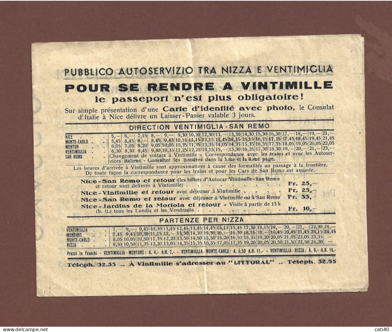 PUBBLICO AUTOSERVIZIO TRA NIZZA E VENTIMIGLIA E Da Qui A LATTE DOLCEACQUA PERINALDO VALLEBONA - ORARI E PREZZI 1934 - Transport