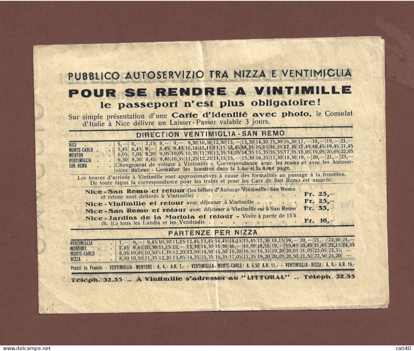 PUBBLICO AUTOSERVIZIO TRA NIZZA E VENTIMIGLIA E Da Qui A LATTE DOLCEACQUA PERINALDO VALLEBONA - ORARI E PREZZI 1934 - Transports
