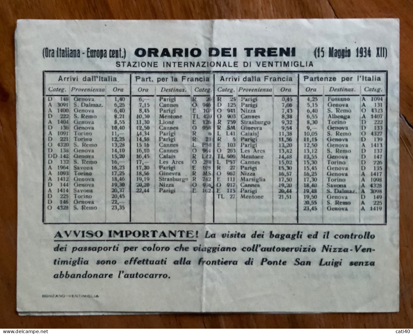 PUBBLICO AUTOSERVIZIO TRA NIZZA E VENTIMIGLIA E Da Qui A LATTE DOLCEACQUA PERINALDO VALLEBONA - ORARI E PREZZI 1934 - Transports