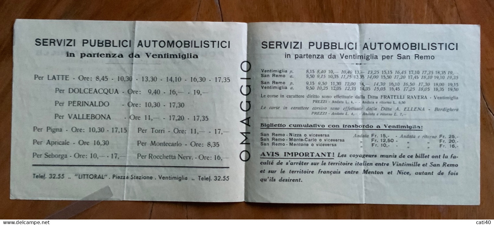 PUBBLICO AUTOSERVIZIO TRA NIZZA E VENTIMIGLIA E Da Qui A LATTE DOLCEACQUA PERINALDO VALLEBONA - ORARI E PREZZI 1934 - Transports