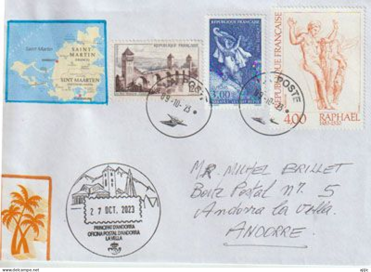 Lettre île Saint Martin (île Des Petites Antilles) Adressée Andorra (Principat) (2023), Avec Timbre à Date Arrivée - Storia Postale