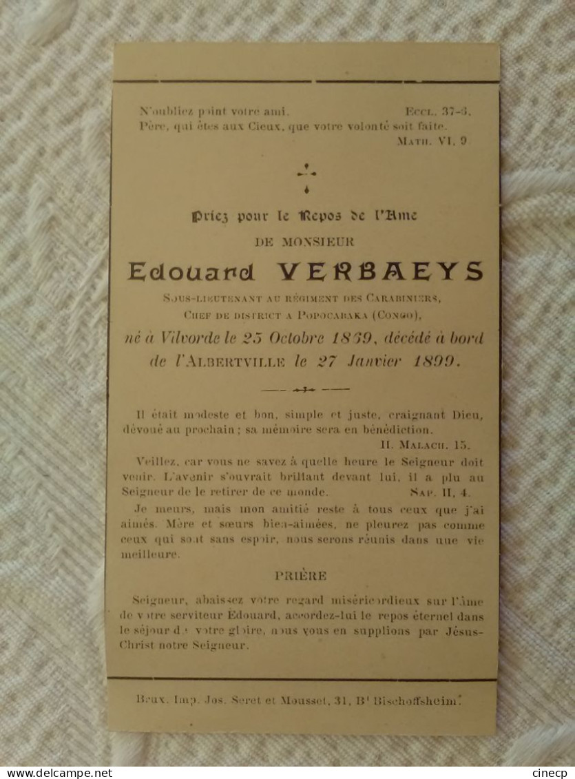 BELGIQUE VILVORDE Faire Part Décès Lieutenant Régiment Carabinier Popocabaka Congo En 1899 à Bord Du Bateau Albertville - Vilvoorde