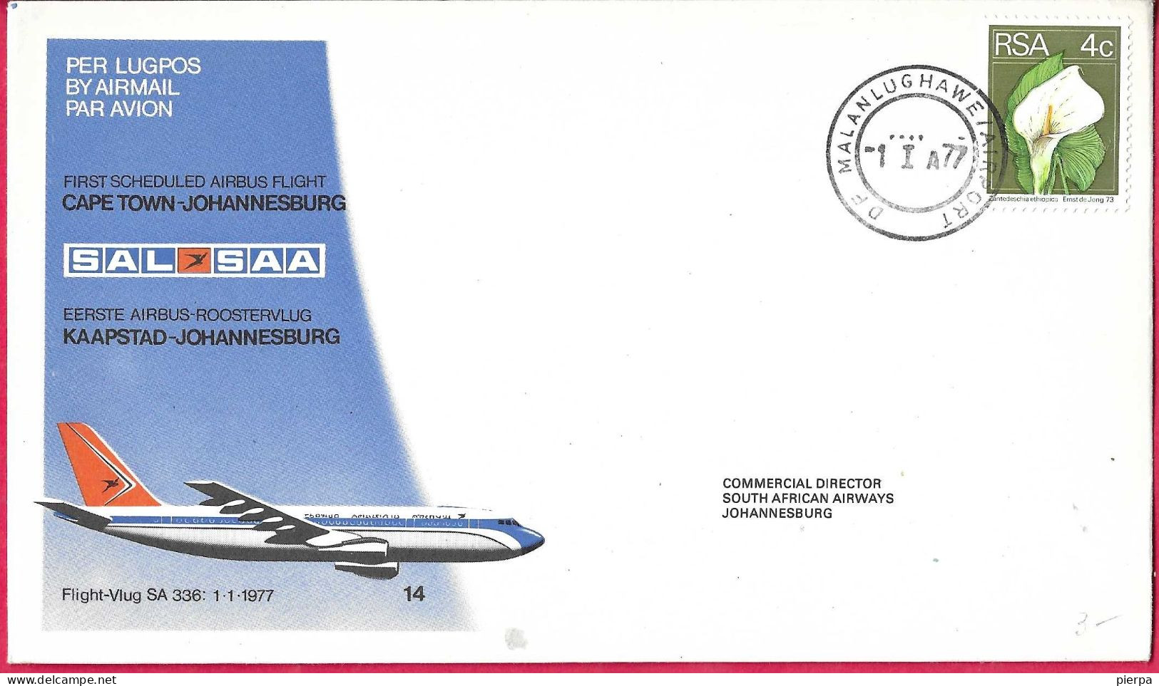 SUD AFRICA - FIRST SCHEDULED AIRBUS FLIGHT FROM CAPE TOWN TO JOHANNESBURG *1.1.77* ON OFFICIAL COVER - Poste Aérienne