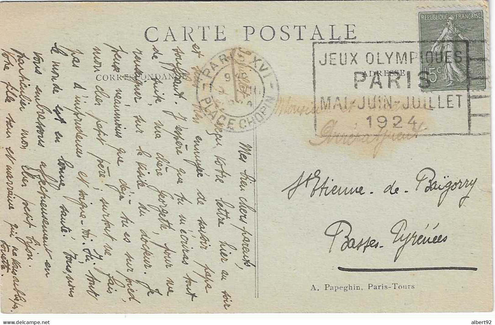 1924  Jeux Olympiques De Paris: 9 Juillet " Paris XV Place Chopin": Athlétisme: Finales 200m, 110m Haie.." - Summer 1924: Paris