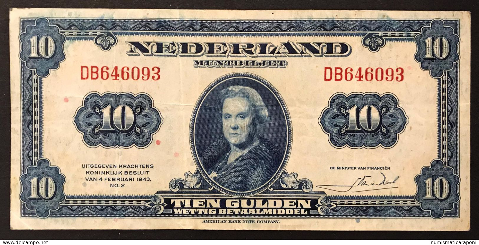 NETHERLANDS OLANDA  1943 10 Gulden Pick#66a Lotto 367 - 100 Gulden