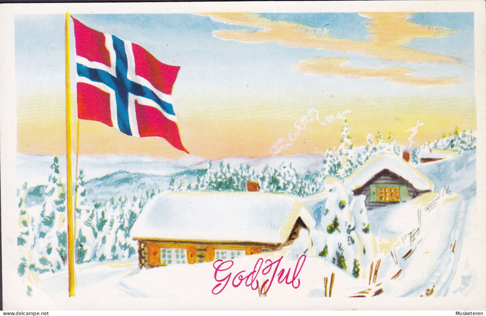 Norway PPC God Jul Flag SAGA Kunstforlag, Trondheim. OSLO 1981 KØGE Denmark Christmas Seal Weihnachten 'Red Cross' - Storia Postale