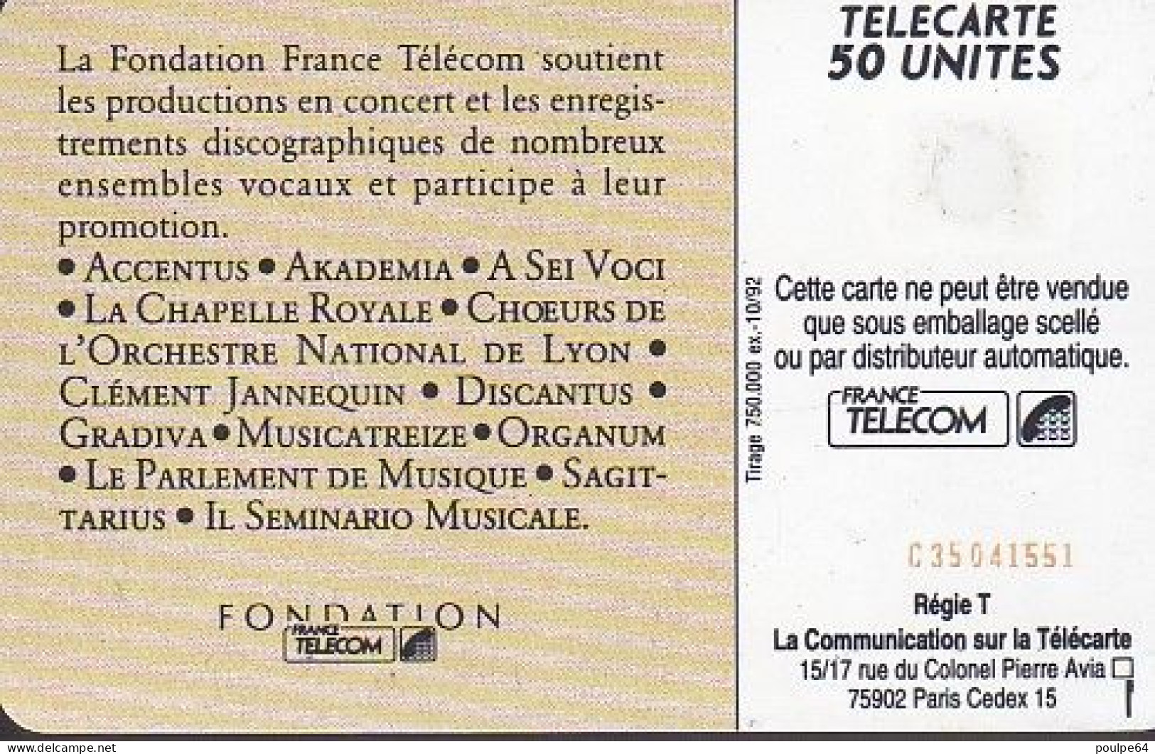 F291Aa - 10/1992 - MUSIQUE VOCALE - 50 SC5 (verso : N° Rouge) - 1992