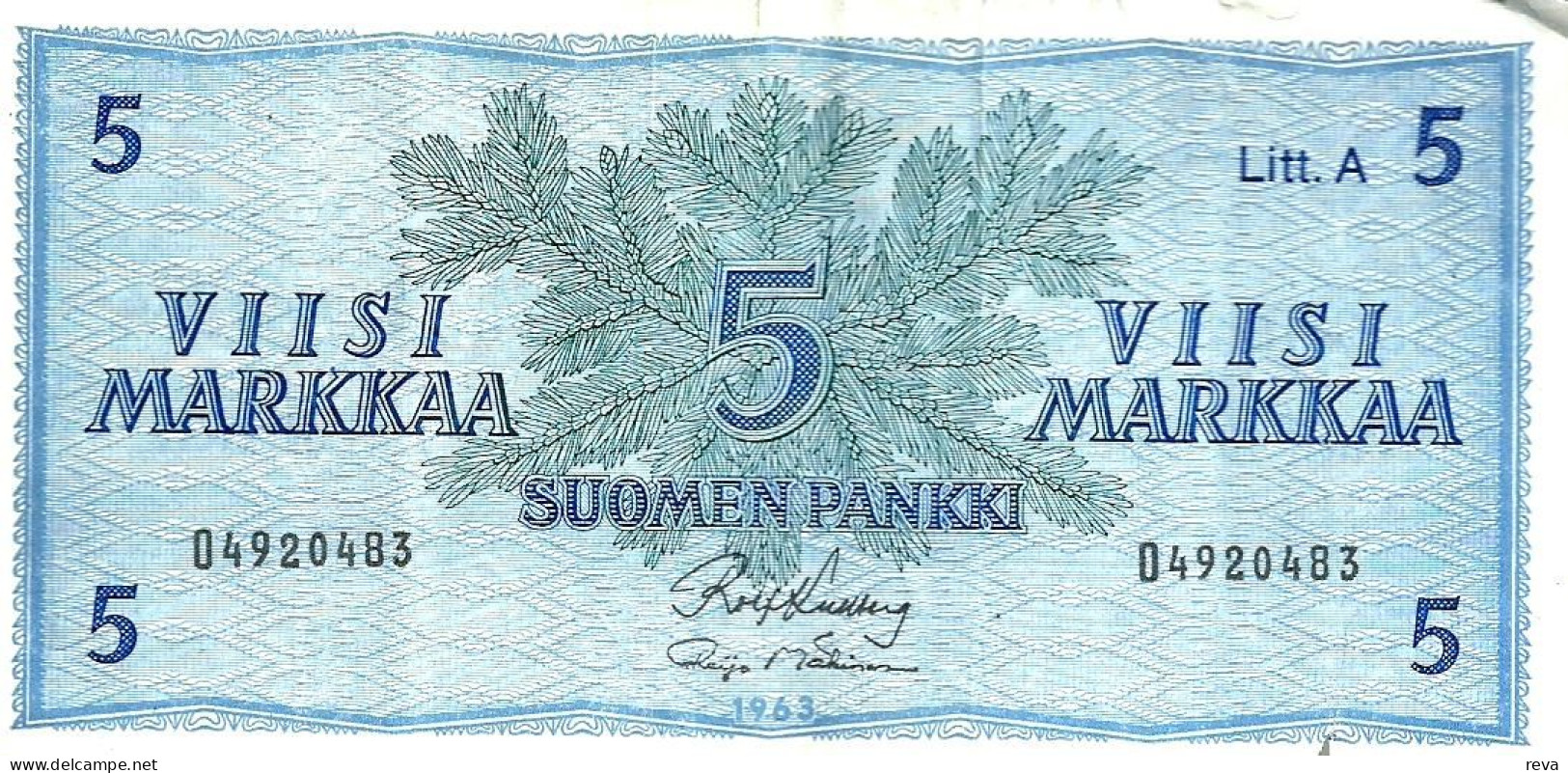 FINLAND 5 MARKKAA BLUE MOTIF FRONT & BACK SN LETT.A  ND(1963) P99a VF READ DESCRIPTION !! - Finlande