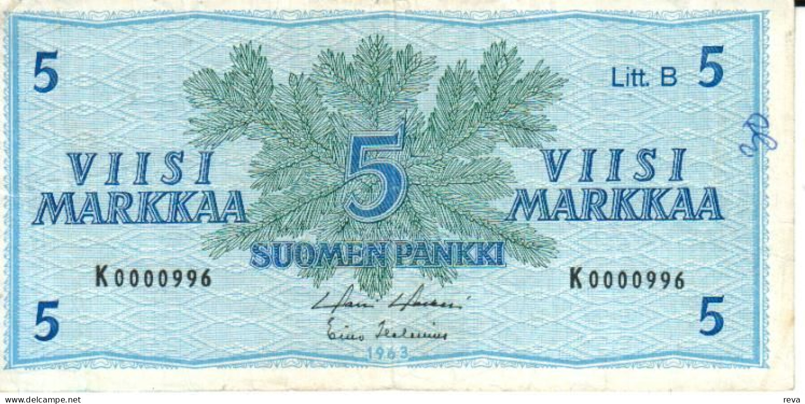 FINLAND 5 MARKKAA BLUE MOTIF FRONT & BACK SN LETT.A  ND(1963) P99a VF READ DESCRIPTION !! - Finlande