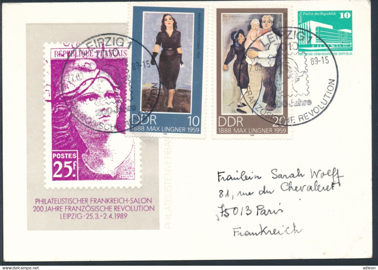 RDA - Entier Postal Privé / DDR - Ganzsachen Mi.Nr. PP 18 - D2/02 SSt Leipzig 27-3-1989 Nach Paris - Privatpostkarten - Gebraucht