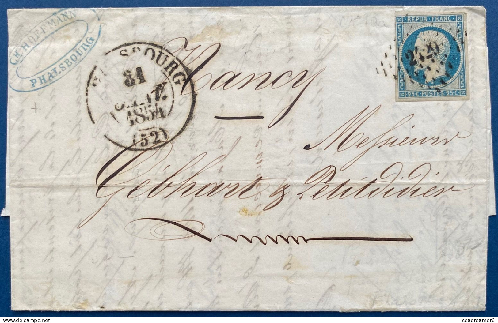 Lettre 1854 Napoléon N°10 Oblitéré PC 2429 + Dateur T13 De PHALSBOURG Pour NANCY - 1852 Luis-Napoléon