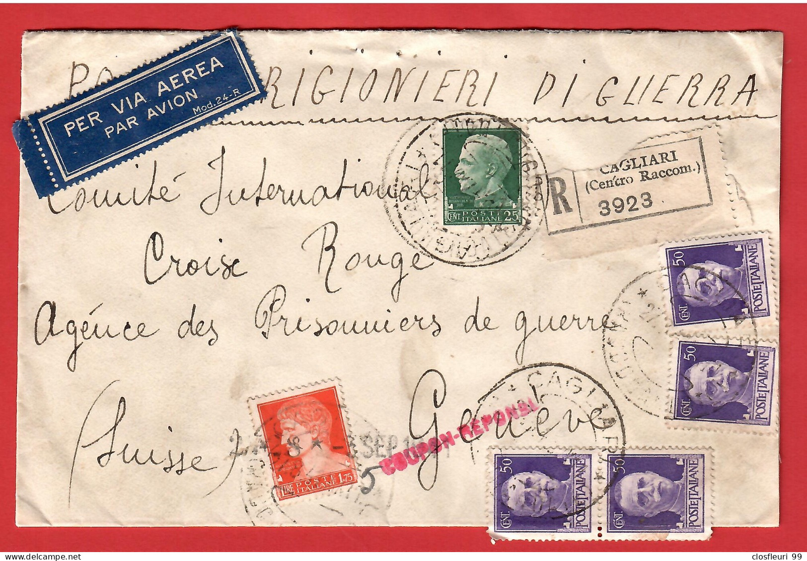 Letera Recommandée, Censure, Prigionera Di Guerra CIR, Cagliari - Genève 2.IX.1941 - Marcofilía (Aviones)