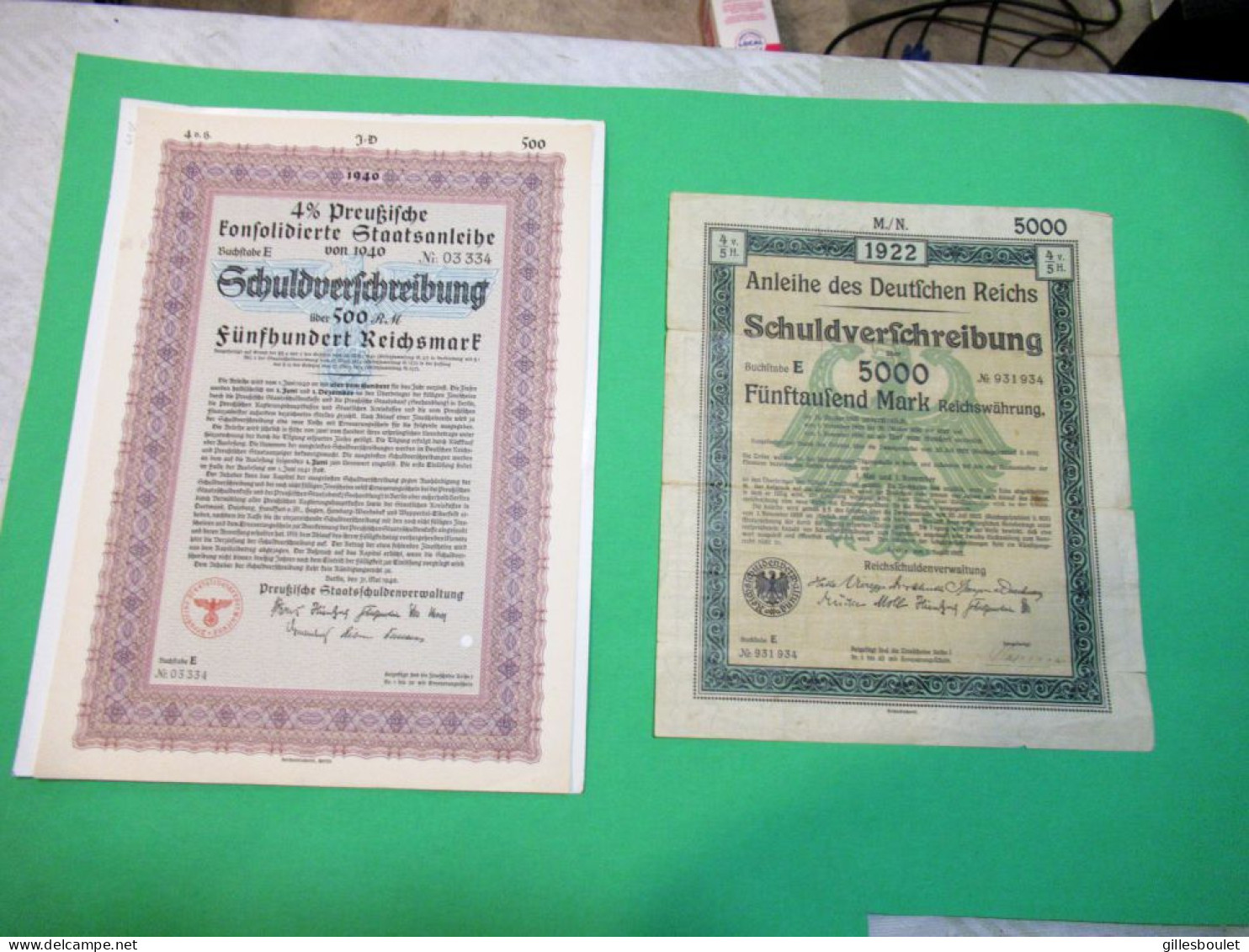 Rares 2 Grands Billet Allemagne. Emprunt De Guerre De 500 Mark 1940 UNC. Administration De La Dette 1922 5 000 Mark CIR. - Collections