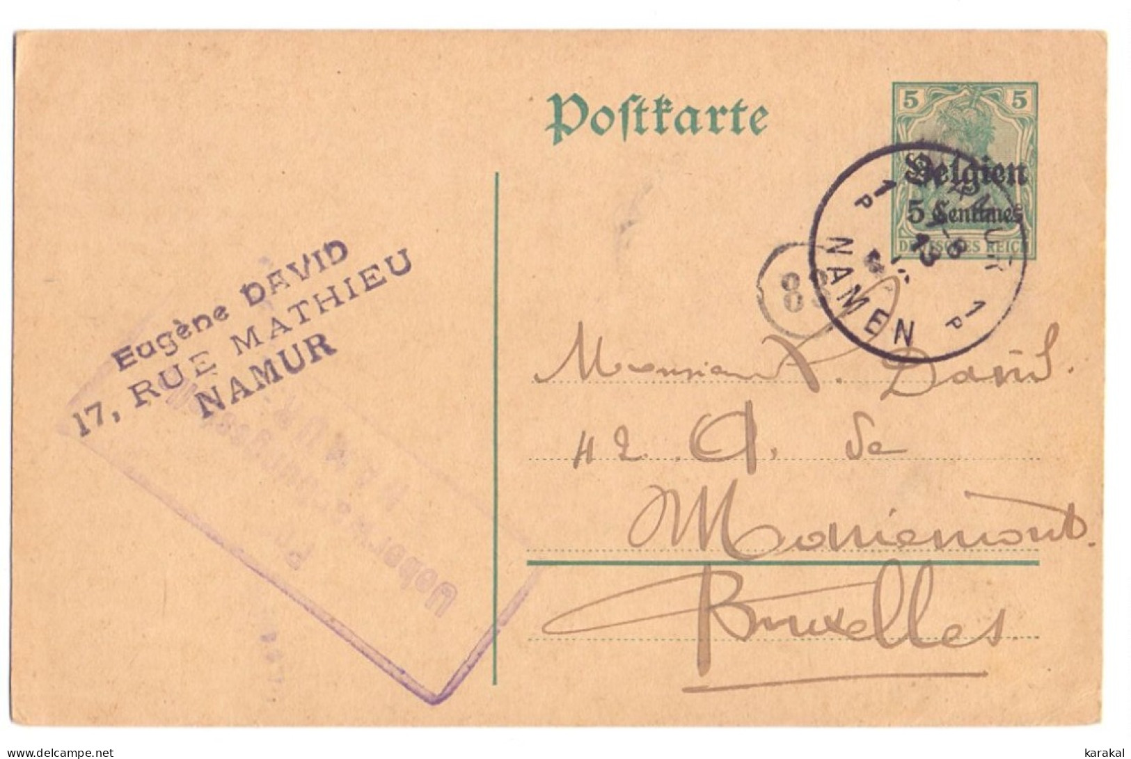 Belgique Occupation Entier 1 5 Centimes Censure Namur Namen Boîte 88 à Bruxelles 1915 - Deutsche Besatzung