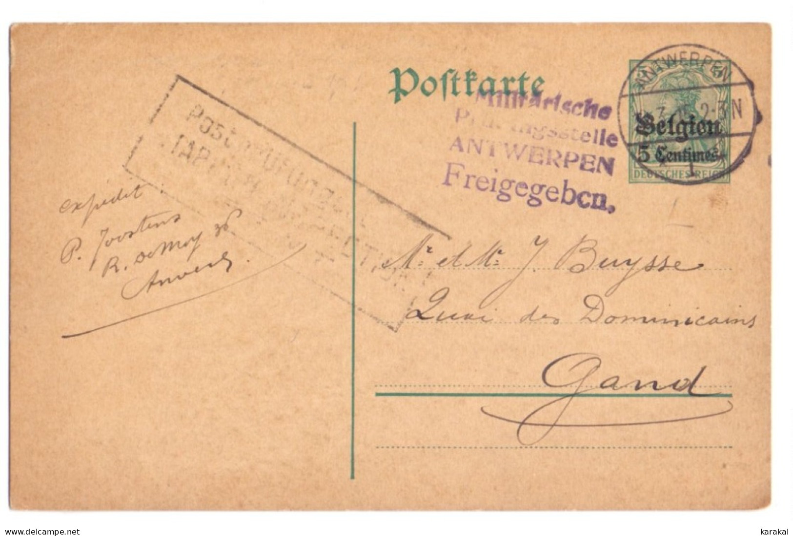 Belgique Occupation Entier 1 5 Centimes Censure Antwerpen Freigegeben Etappen Inspection Gand Gent 1915 - German Occupation