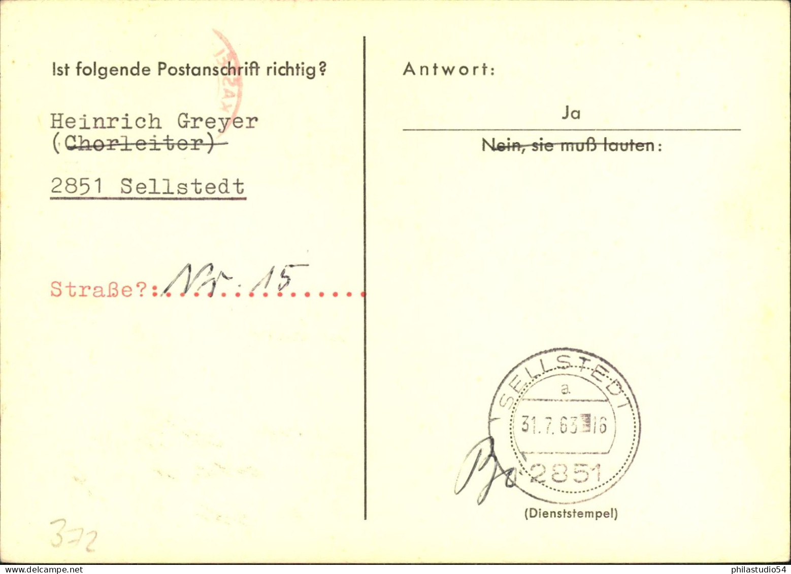 1964, Anschriftenprüfung Mit 15 Pf. Absenderfreistempel Ab KASSEL-WILHELMSHÖHE - Sonstige & Ohne Zuordnung