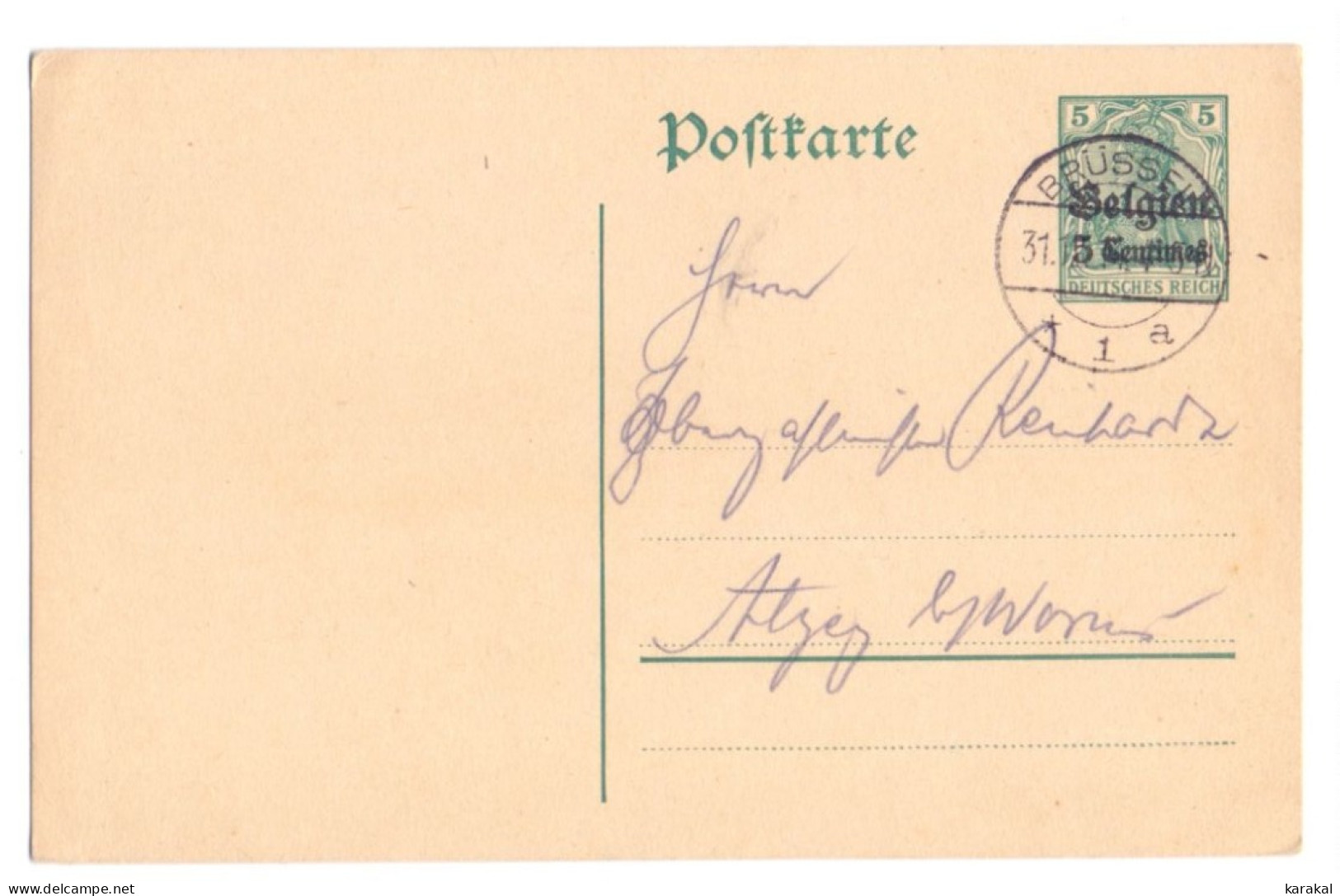 Belgique Occupation Entier 1 5 Centimes Brüssel Alzey Worms Allemagne 1914 - Ocupación Alemana