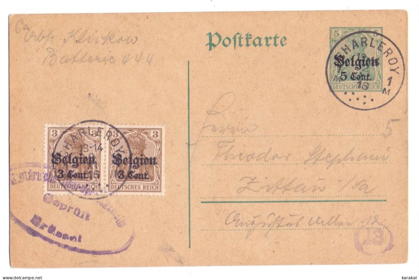 Belgique Occupation Entier 9 5 Cent OC11 3 Cent Censure Brüssel Charleroy Boîte 13 Zittau Allemagne 1916 - Deutsche Besatzung