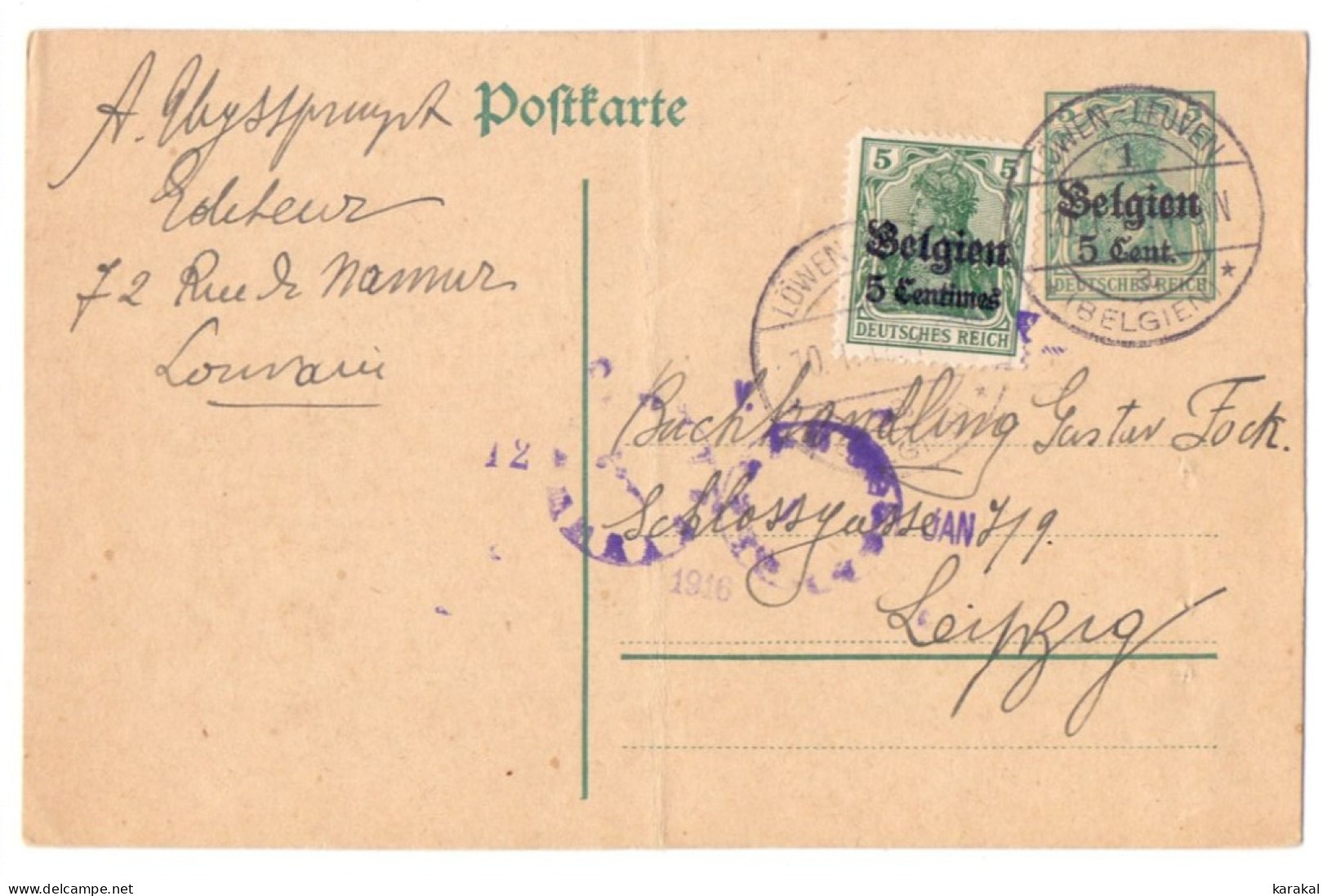 Belgique Occupation Entier 9 5 Cent OC2 5 Centimes Censure Löwen Leuven Louvain Leipzig Allemagne 1916 - German Occupation