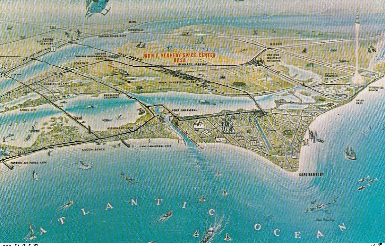 Kennedy Space Center Artist Map, C1960s Vintage Postcard - Espace