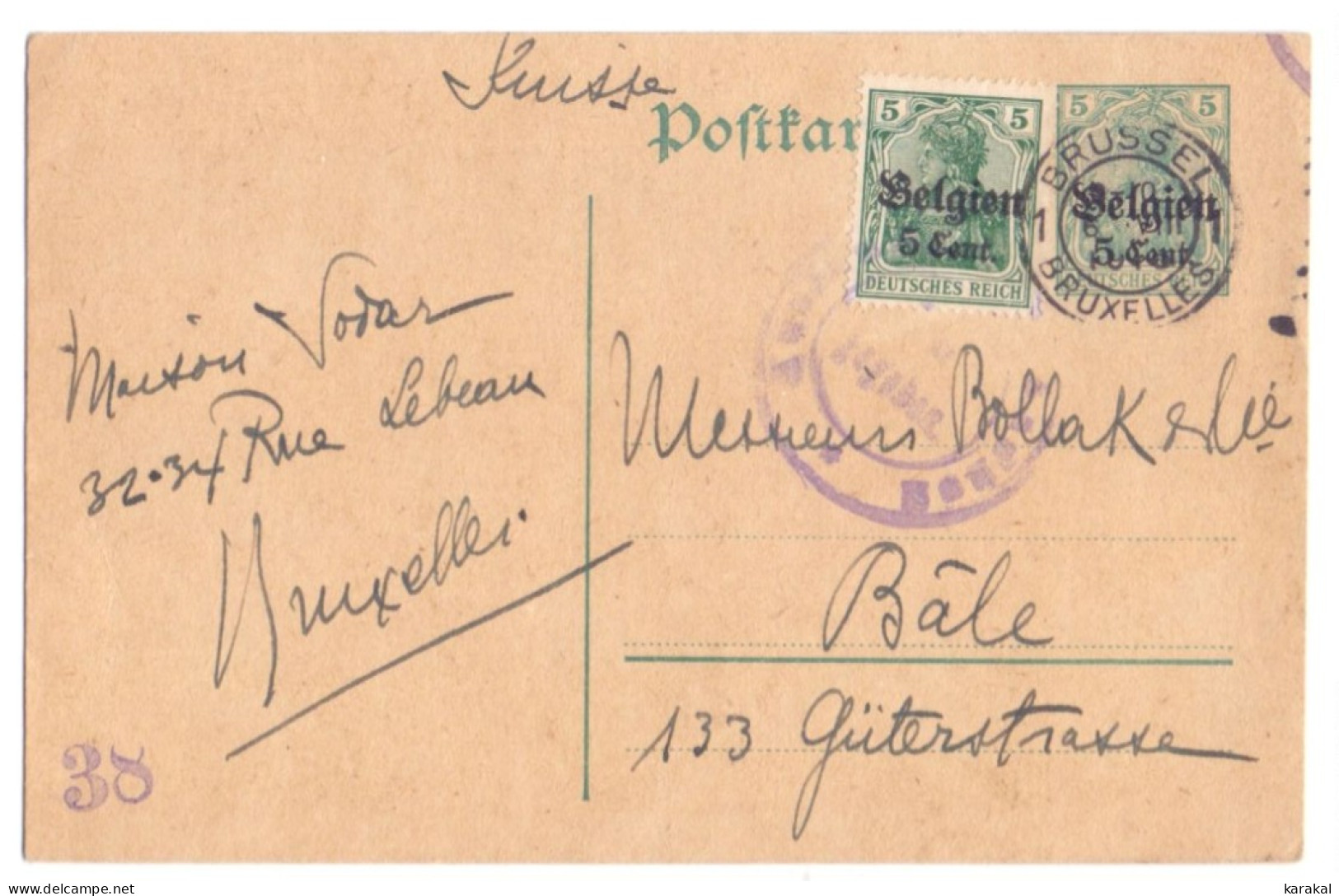 Belgique Occupation Entier 9 5 Cent OC12 5 Cent Censure 38 Brüssel à Bâle Suisse 1916 - German Occupation