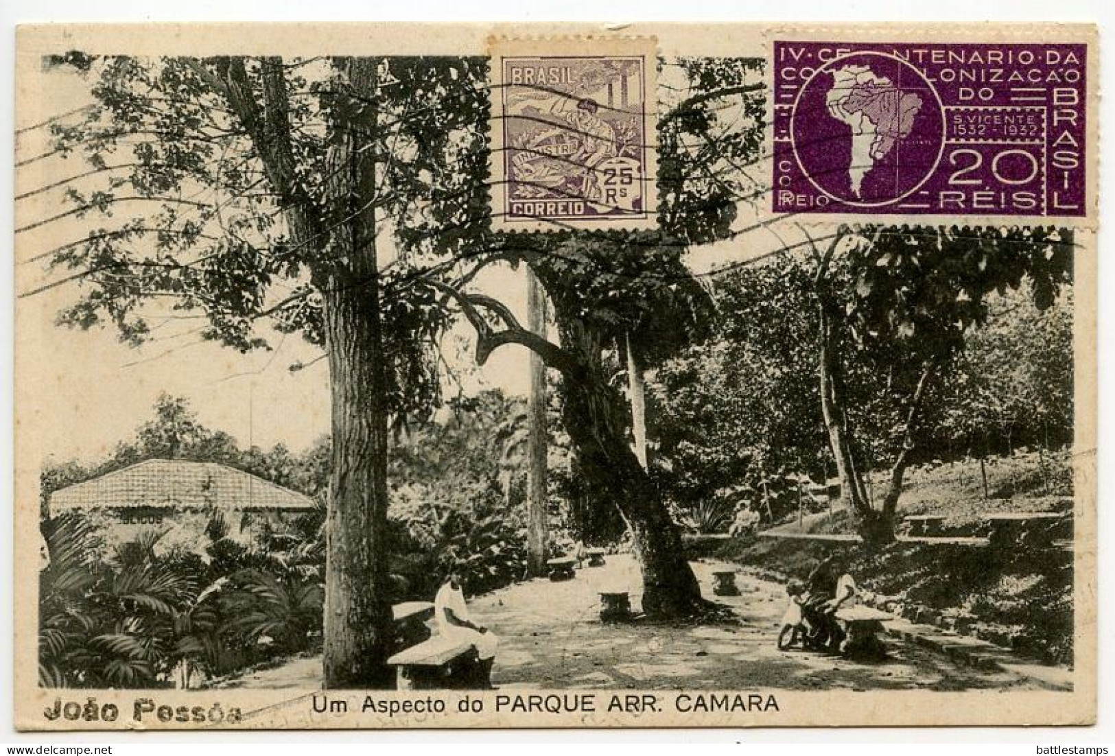 Brazil 1933 Postcard João Pessoa - Um Aspecto Do Parque Arr. Camara; 25r. Industry & 20r. Map Stamps - João Pessoa