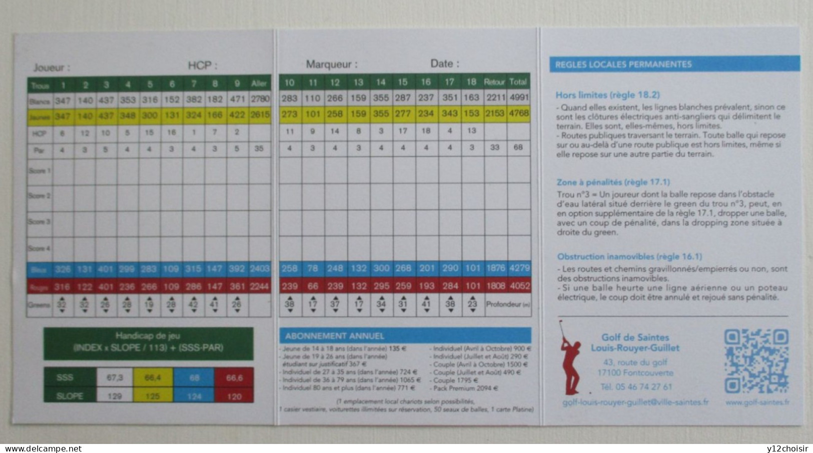 CARTE DE SCORES GOLF DE SAINTES CHARENTE MARITIME . GOLF DE SAINTONGE LOUIS ROUYER GUILLET - Autres & Non Classés