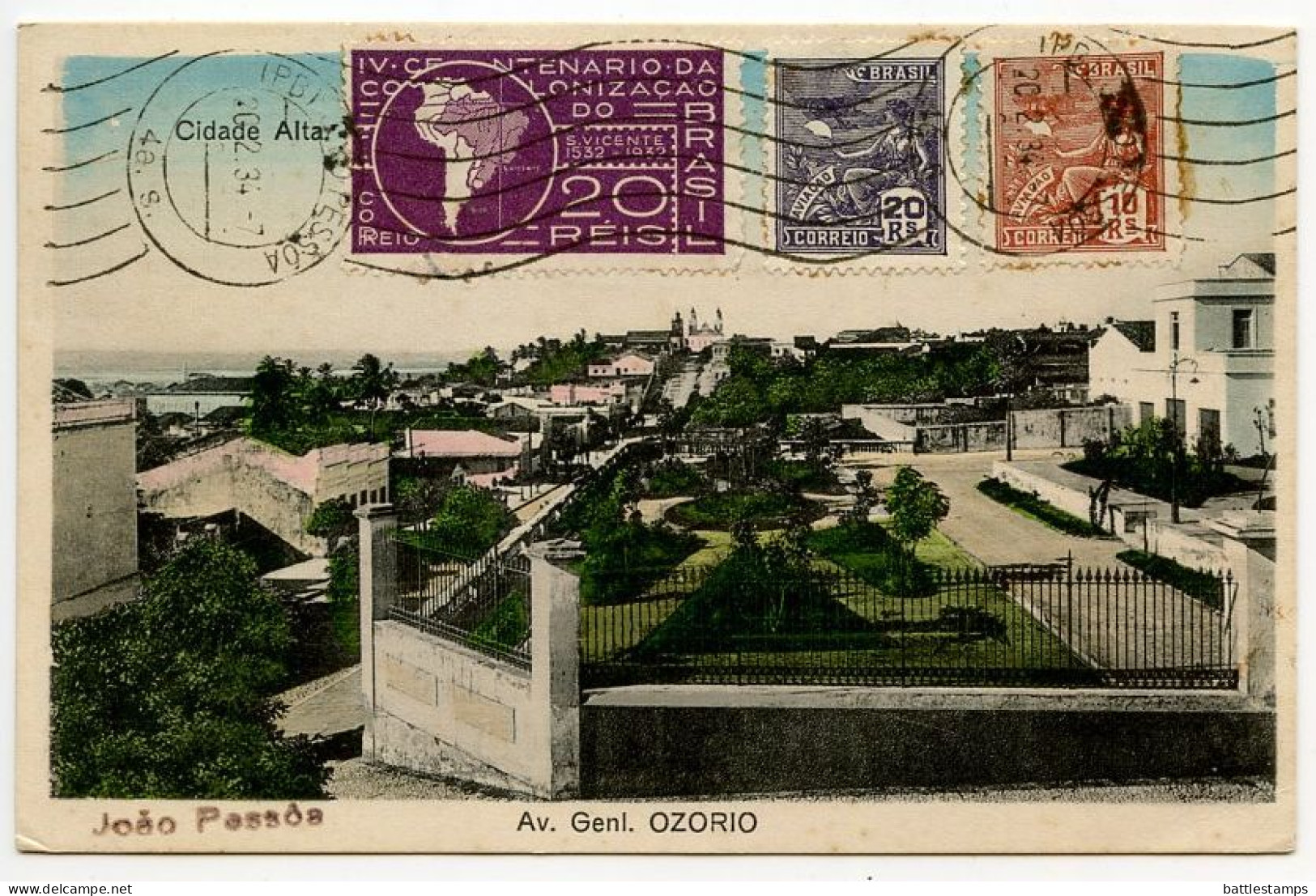 Brazil 1934 Postcard João Pessoa - Av. Genl. Ozorio; 10r. & 20r. Aviation & 359 20r. Map Of South America - João Pessoa