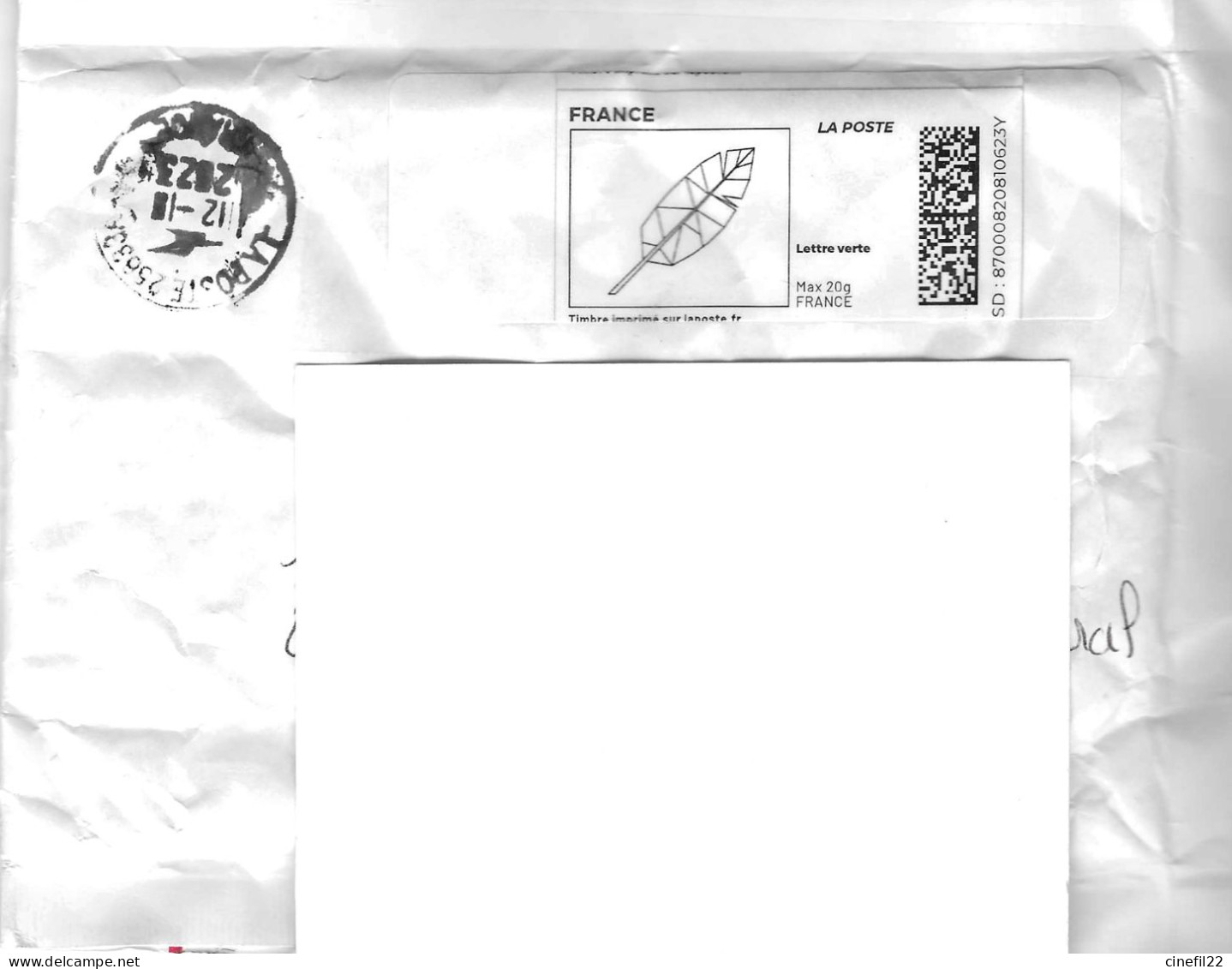 France, Timbre Personnalisé Imprimé "Feuille / Plume", 2023, Sur Lettre (enveloppe à Bulles) - Timbres à Imprimer (Montimbrenligne)