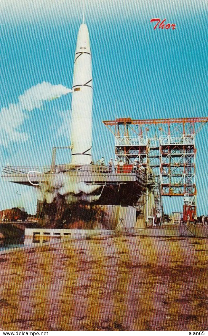 US Air Force 'Thor' Rocket On Launch Pad, Air Force Missile Test Site, C1960s Vintage Postcard - Espace