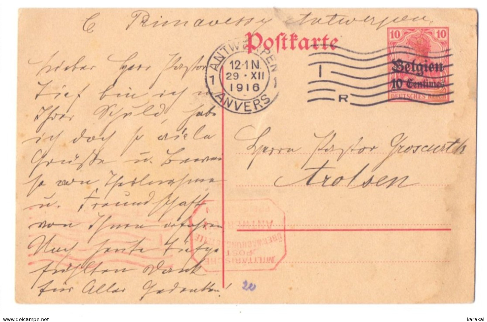 Belgique Occupation Entier 3 10 Centimes Censure Rouge Militarsiche Post Antwerpen Trolsen Allemagne 1916 - Duitse Bezetting