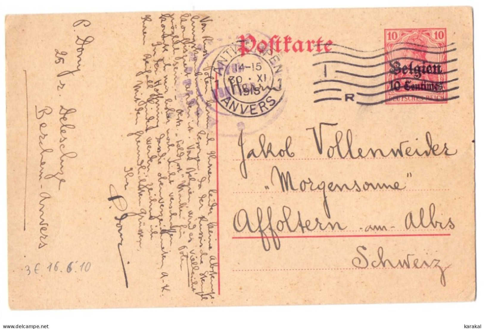 Belgique Occupation Entier 3 10 Centimes Censure Antwerpen Affoltern-am-Albis Suisse 1915 - Duitse Bezetting