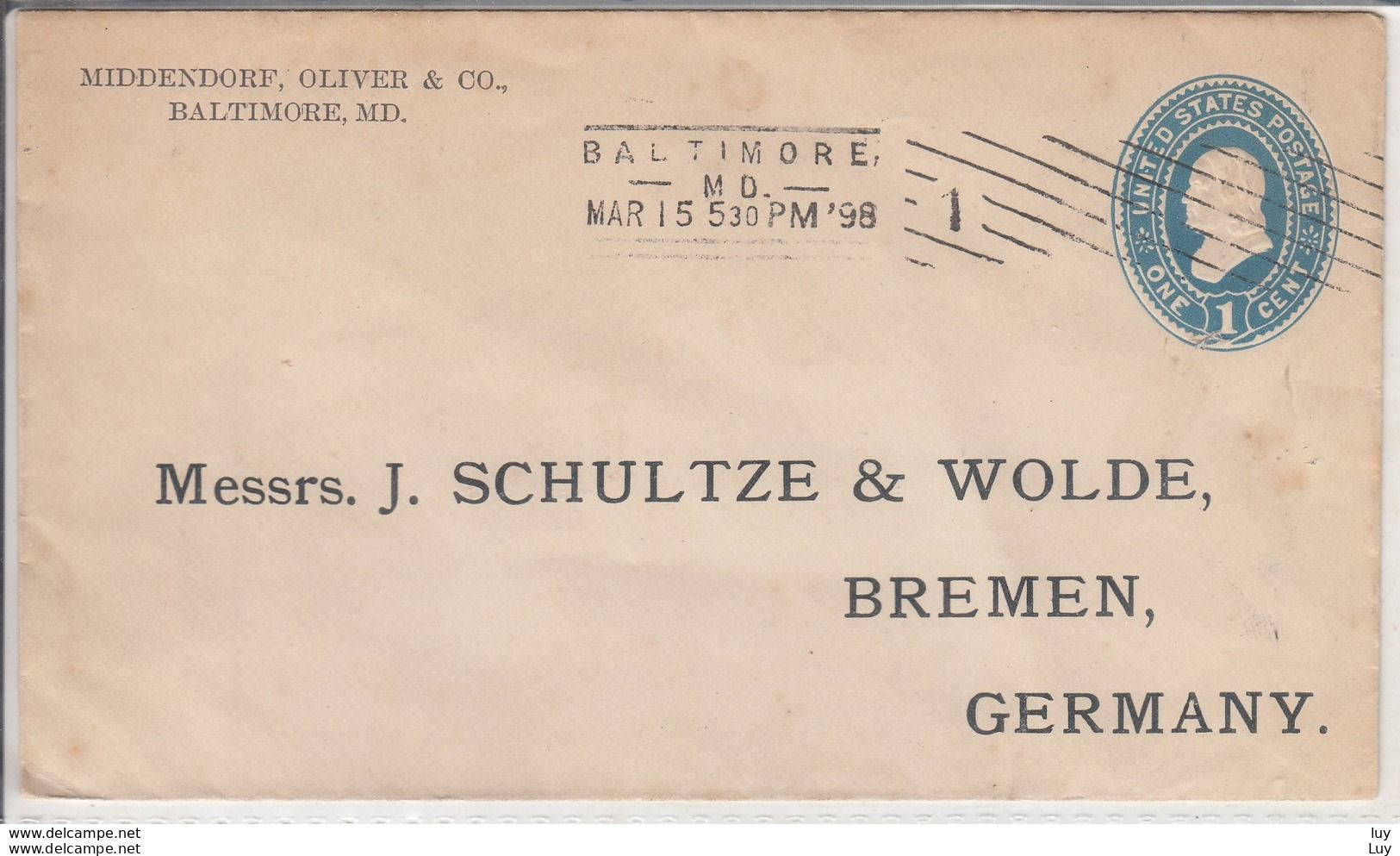 1898, 1 Cent  Postal Stationary Cover, Ganzsache, Used Baltimore, MD, To Bremen Germany - ...-1900