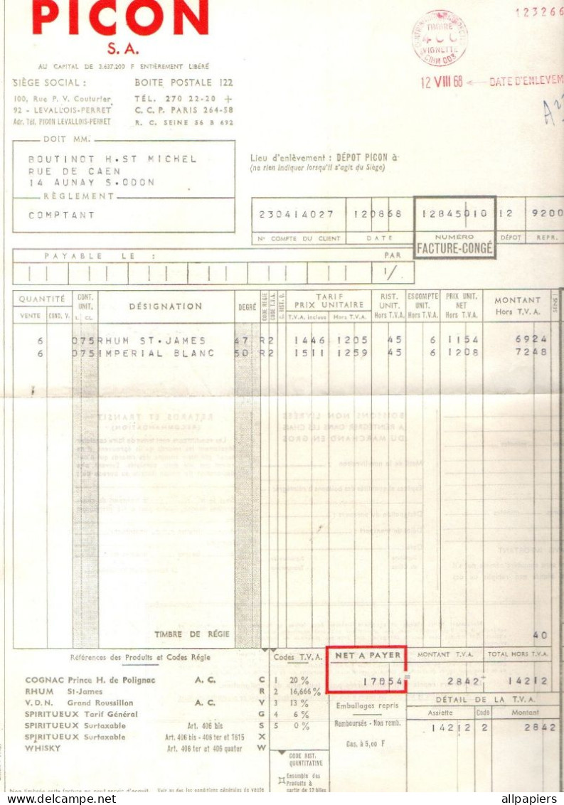 Facture Picon S.A. Levallois-Perret En 1968 - Format : 30x26 Cm - Invoices