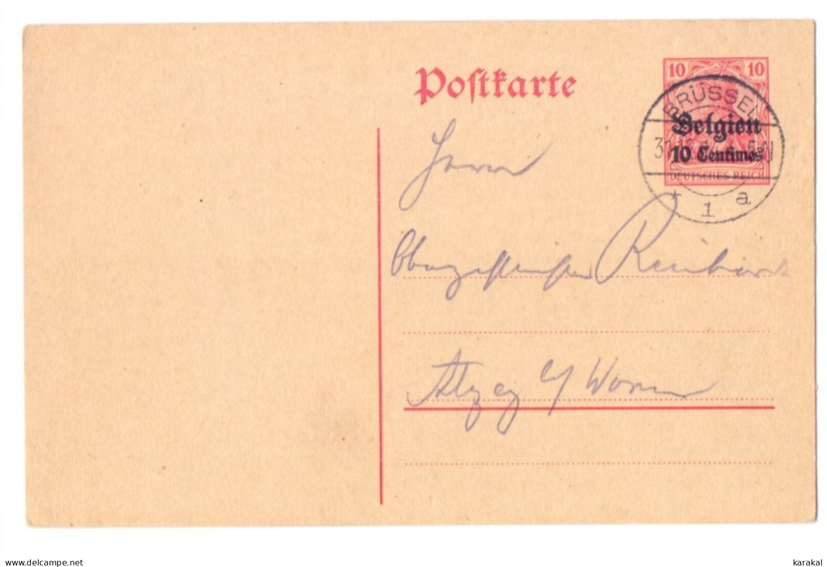 Belgique Occupation Entier 3 10 Centimes Brüssel Alzey Worms Allemagne 1914 - Deutsche Besatzung