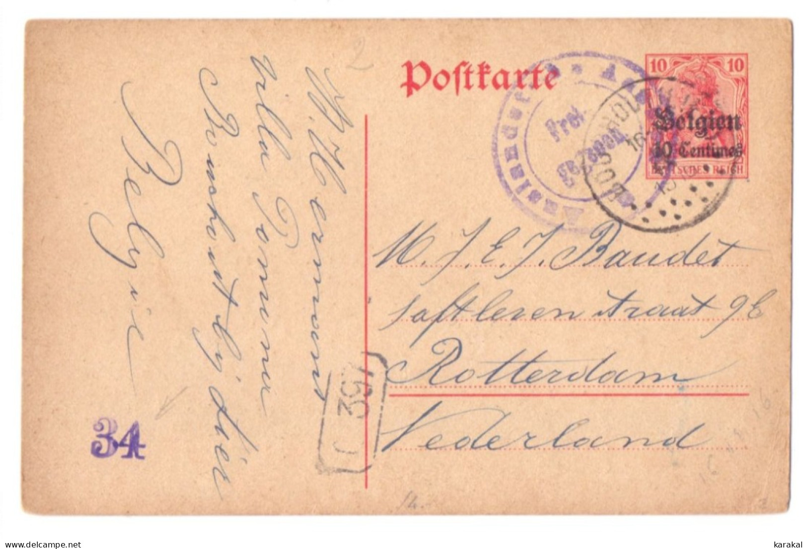 Belgique Occupation Entier 3 10 Centimes Censure 34 C397 De Bouchout Boechout à Rotterdam Nederland 1916 - German Occupation