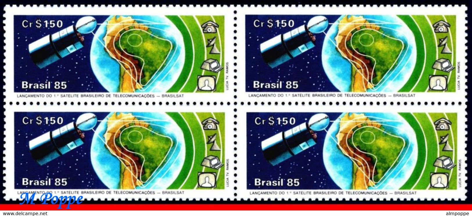 Ref. BR-1971-Q BRAZIL 1985 - BRASILSAT, SATELLITE,SPACE, MAPS, MI# 2092, BLOCK MNH, TELECOMMUNICATION 4V Sc# 1971 - Blocks & Kleinbögen