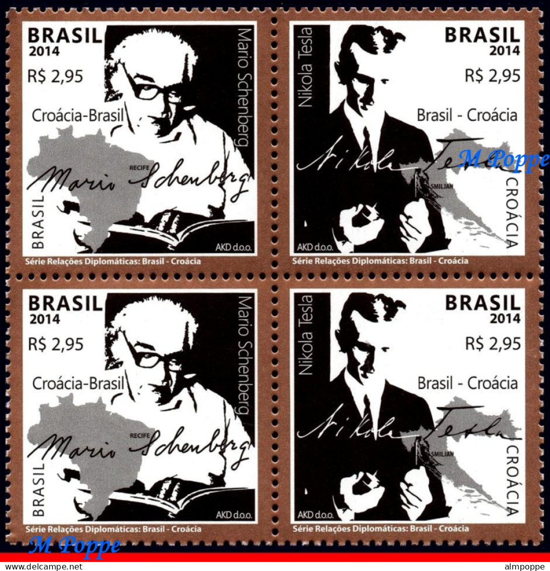 Ref. BR-3286-Q BRAZIL 2014 - RELATIONSHIP WITH CROATIA, M�RIO SCHENBERG & NIKOLA TESLA, MNH, FAMOUS PEOPLE 4V Sc# 3286 - Blocks & Kleinbögen
