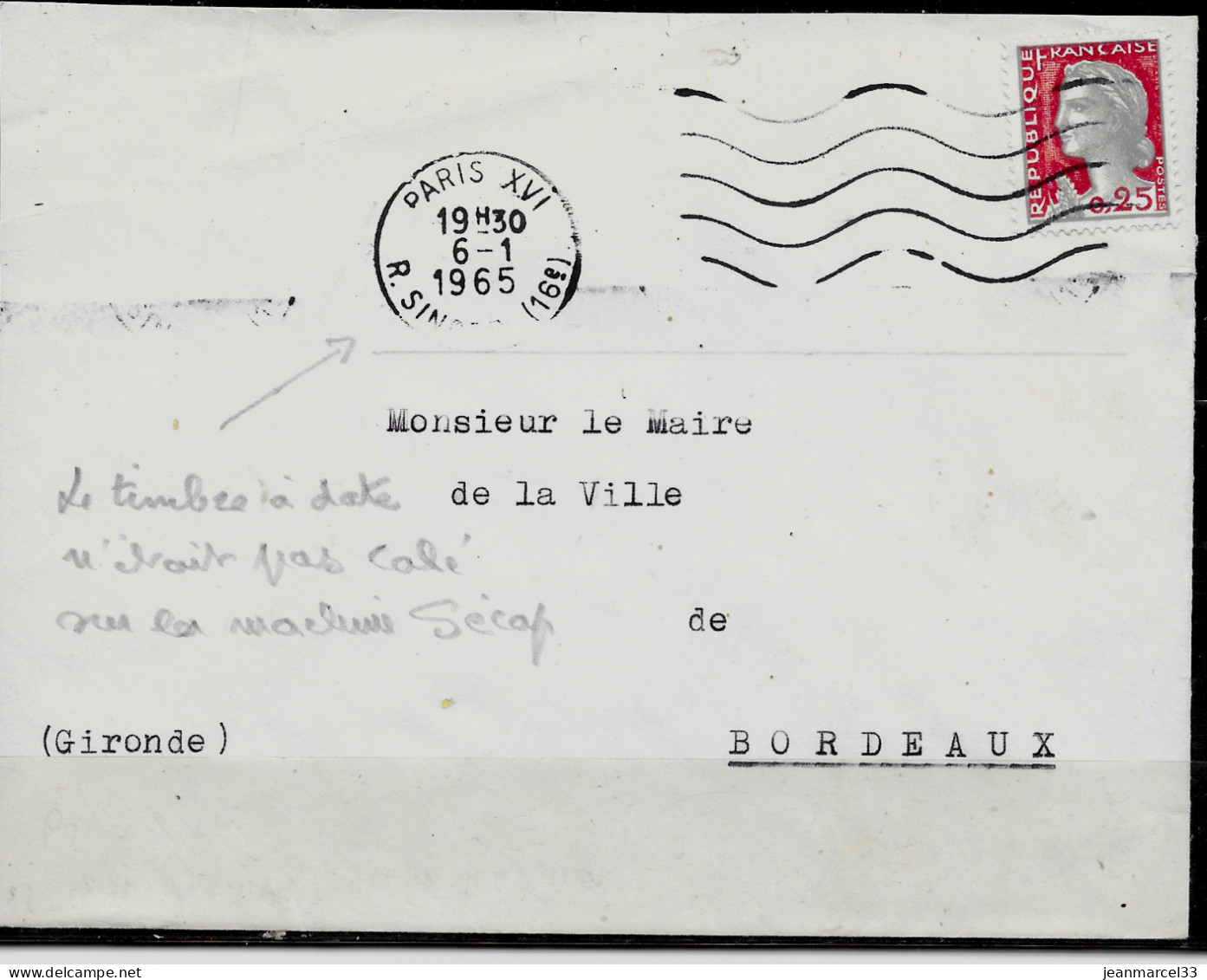 Curiosité Flamme Secap O= De Paris XVI 6-1 1965 TàD Décalé, Non Fixé Sur La Machine Ce Qui Donne Une Empreinte Déformée - Lettres & Documents