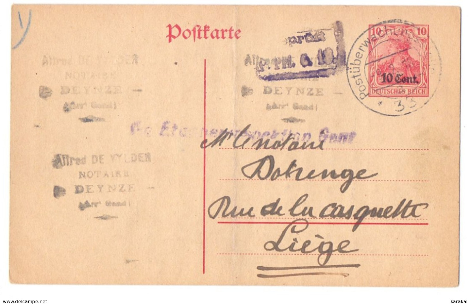 Belgique Occupation Entier Etappen Etapes 4 10 Cent Censure Gent 33 Gand Deynze Deinze Liège 1918 - Occupazione Tedesca