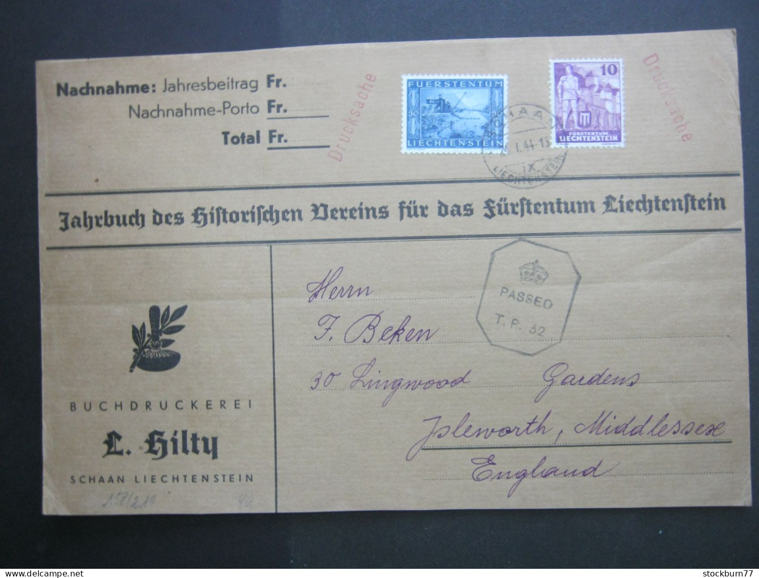 LICHTENSTEIN , Päckchenadresse Als Drucksache  1944  Nach England , Front Only - Covers & Documents