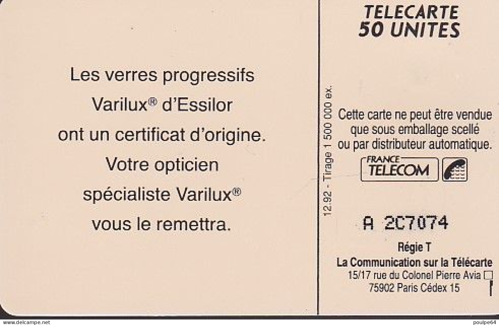 F317A - 12/1992 - VARILUX - 50 SO3 ( Verso N° : A + 1 Numéro + 1 Lettre + 4 Numéros) - 1992