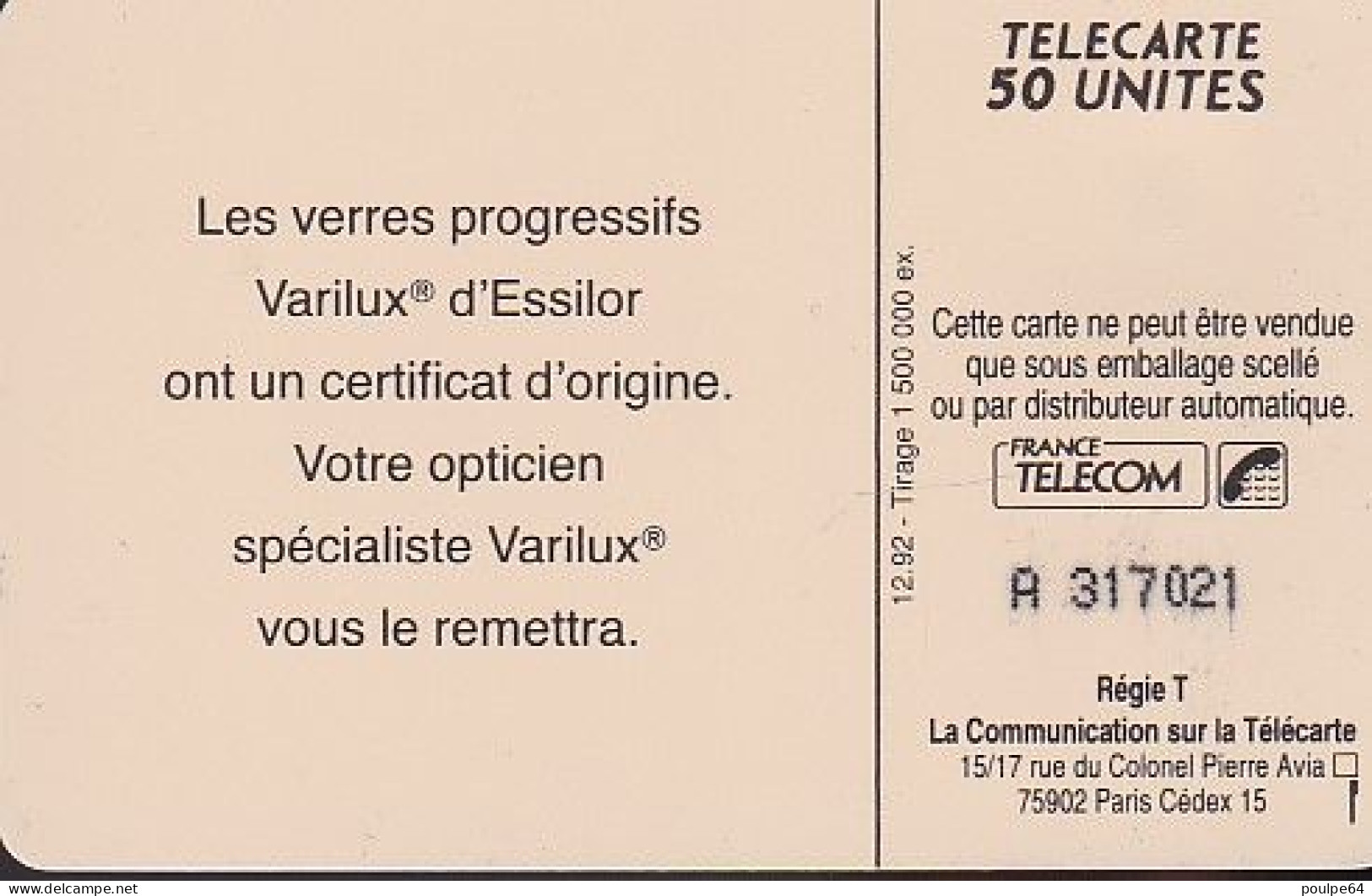F317A - 12/1992 - VARILUX - 50 SO3 ( Verso N° : A + 6 Numéros) - 1992