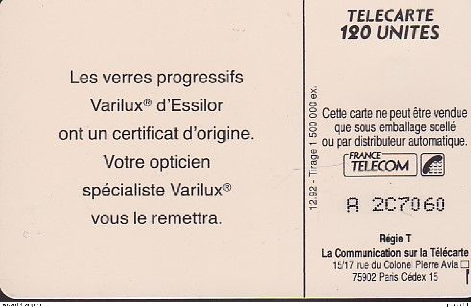 F318 - 12/1992 - VARILUX - 120 SO3 ( Verso N° : A + 1 Numéro + 1 Lettre + 4 Numéros) - 1992