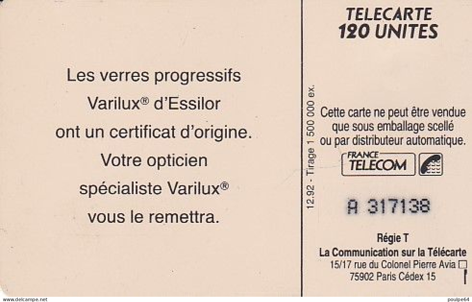 F318 - 12/1992 - VARILUX - 120 SO3 ( Verso N° : A + 6 Numéros) - 1992